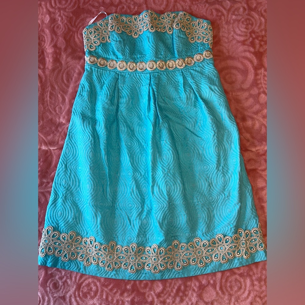 Lilly Pulitzer Strapless Turquoise Dress with Gold Details